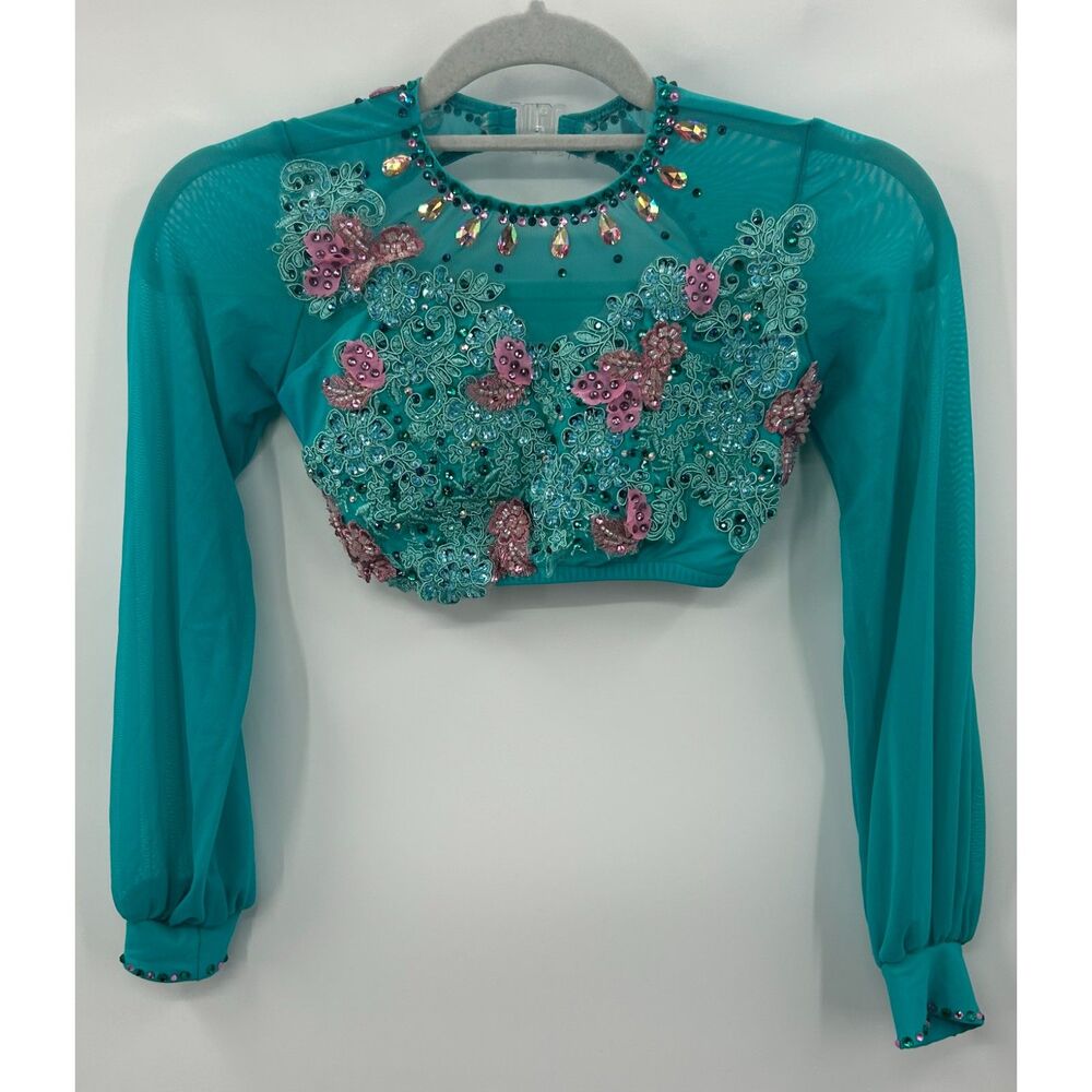 Glamour Costumes Teal Pink Dance Costume Butterfly Beaded Applique Child XL